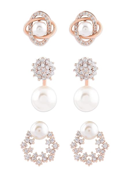 Zaveri Pearls Combo of 3 Cubic Zirconia & Pearls Contemporary Brass Stud Earrings For Women-ZPFK10381