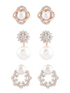 Cubic Zirconia & Pearl Stud Earrings Combo for Women, 3 Pairs