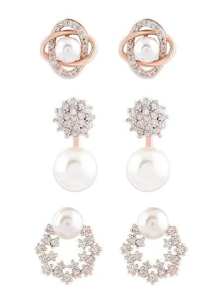 Combo of 3 Cubic Zirconia & Pearls Contemporary Brass Stud Earrings For - Jados Fashion