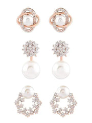 Combo of 3 Cubic Zirconia & Pearls Contemporary Brass Stud Earrings For - Jados Fashion