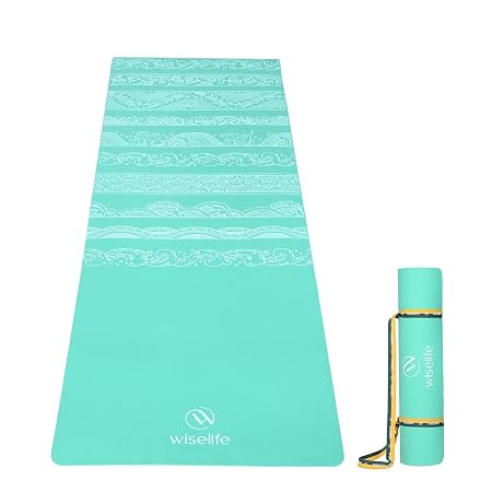 Wiselife Printed Exercise Yoga Mat with Carry Strap, Anti-Slip Fitness Mat for Yoga, Pilates, Stretching & Home Workout (Cyan Wave)