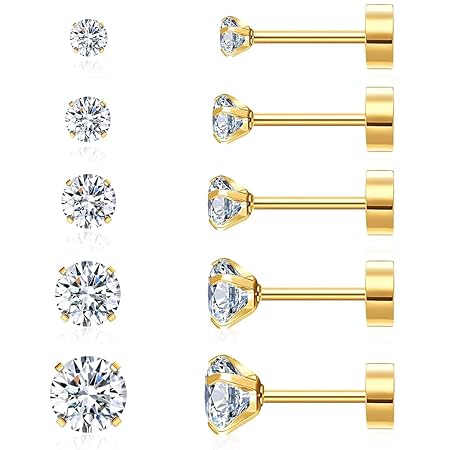 SANNIDHI® 5 Pairs Ear Studs for Women Stylish Earrings for Women Flat Back Gold Cartilage Stud Earrings Set Cubic Zirconia 316L Stainless Steel Hypoallergenic Nickel-Free Earring - 3/4/5/6/8mm