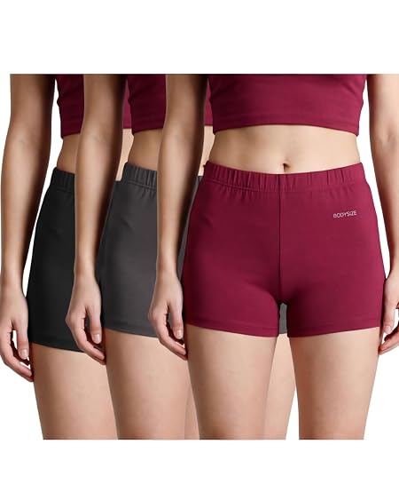 BODYSIZE Boyshorts Panty for Women (Pack of 3) | Cotton Spandex | Mid Waist Seamless Underwear | Full Coverage Sweat Absorbent Innerwear (Atlas) - Black-Maroon-Grey - M