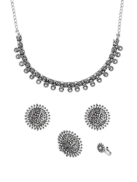 Yellow Chimes Oxidised Necklace Set For Women And Girls German Silver Oxidised Designed Ethnic Jewellery Choker Necklace Set For Women And Girls