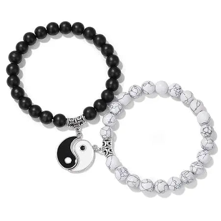 Couple Bracelets Black & White Onyx Stretchable Wrist Band Bracelet For - Jados Fashion