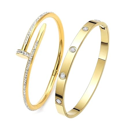 Okos Gold Plated Fashion Jewellery Stainless Steel Anti Tarnish Cuff Band Style Bangle Bracelet And Nail Style Combo Pack of 2 with White CZ Stones For Girls and Women CO0023