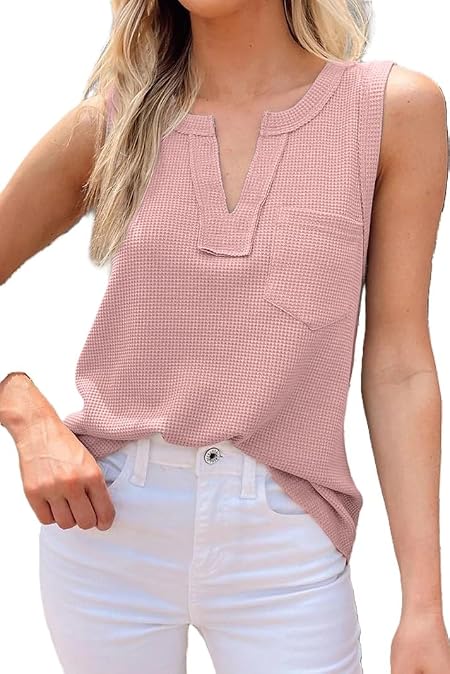 Zilcon Woman Fashion Waffle Summer Winter Tops for Woman Deep V Neck Sleeveless Tops Womens Casual Tops (in, Alpha, M, Regular, Pink)