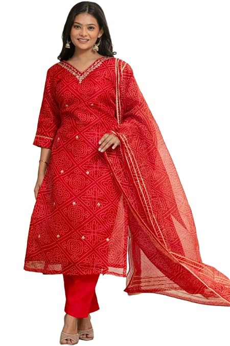 GoSriKi Women's Kota Doria Straight Bandhej Printed Kurta with Pant and Dupatta (SILPIKA RED-GS_XL_RED_X-Large)