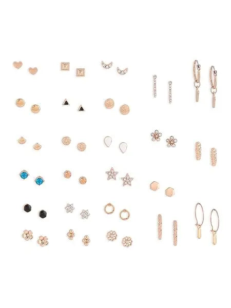 Set Of 25 Gold Tone Smart Casual Wear Studs & Hoop Earrings For Women - Jados Fashion