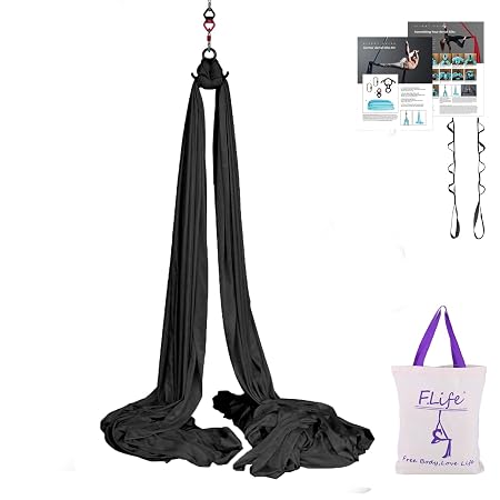 F.Life Aerial Silks Standard Kit Pilates Yoga Flying Swing Aerial Yoga Hammock Silk Fabric for Yoga (10 Yards of Fabric)(Black)