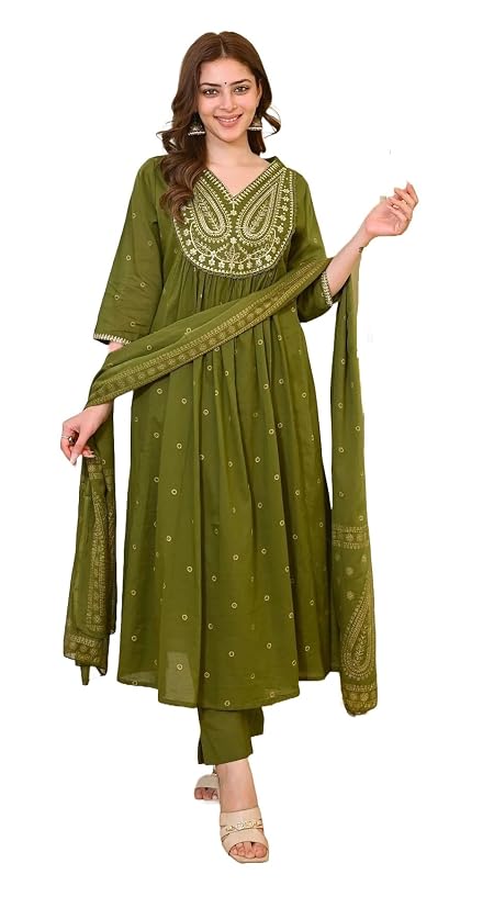 Klosia Women Embroidery Solid Anarkali Kurta and Pant Set with Dupatta