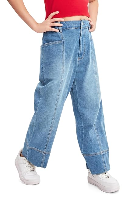 olele® Girls Retro Front Seam Jeans Pant - Cotton Denim Relaxed Fit Stretchable Denim Jeans for 4 to 14 Years Kids