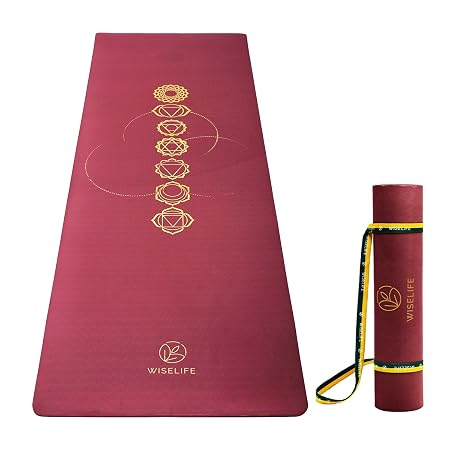 Wiselife tpe 7 chakra Printed 6MM Yoga Mat + Yoga Strap For Men, Women, Kids|Anti-Slip Extra thick, long & Wide Exercise Sports Mat For Workout, Fitness, Yoga, Gym, Home & Pilates (Wine Chakra)