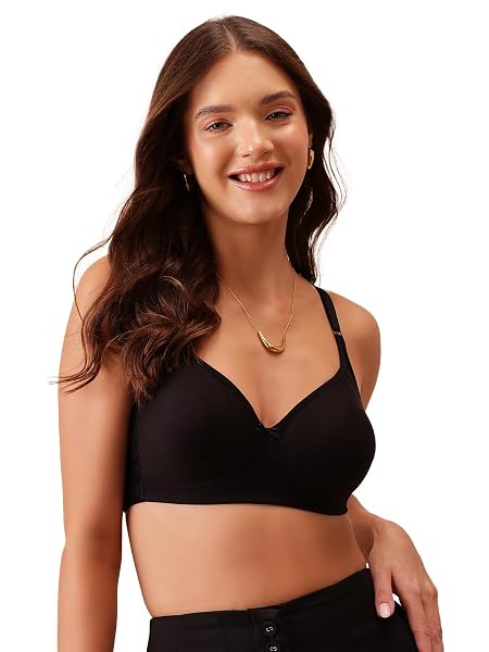 Clovia Women's Cotton Rich Non-Padded Non-Wired T-Shirt Bra with Lace (BR1924P13_Black_38D)