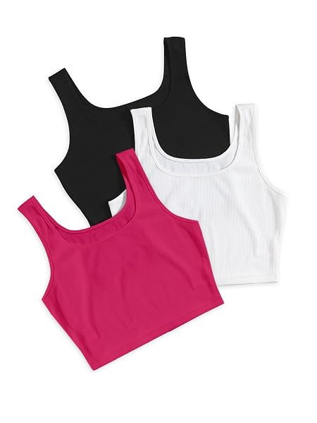 BERRY BIRD® Women's Knitted Sleeveless Solid Sqaure Neck Ribbed Tank & Crop Tops (Pack of 3)