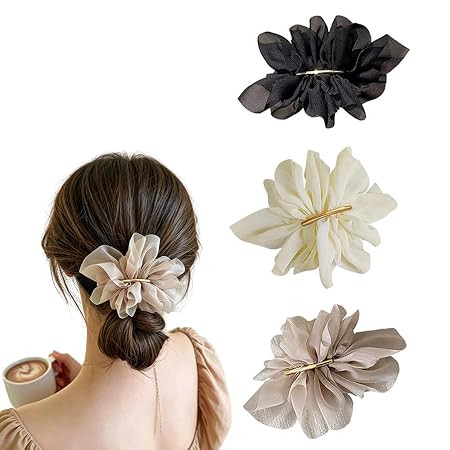 ZIBUYU® 3 PC Chiffon Large Flower Hair Clips for Women, French Barrette Pins for Low Ponytail, Hair Clutcher Accessories for Women Stylish in White, Beige, Black for Daily, Parties, and Girls Gifts