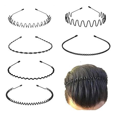 KLNEEDS Black Metal Hair Band for Men – 6 Pcs Thin Wavy Non-Slip Adjustable Headbands for Women & Boys, Sports, Gym, Yoga, Running & Face Wash