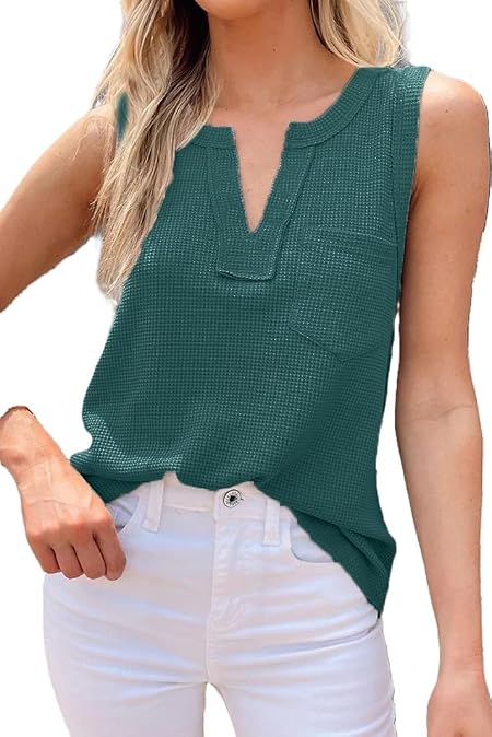 Zilcon Woman Fashion Waffle Summer Winter Tops for Woman Deep V Neck Sleeveless Tops Womens Casual Tops (in, Alpha, XL, Regular, Green)