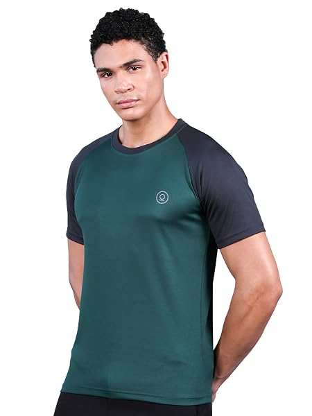 CHKOKKO Men's Solid Quick Dry Sports Gym T-Shirt Breathable Moisture-Wicking Half Sleeve Round Crew Neck Regular Fit Active Wear for Running and Training BottleGreenDarkGrey XL