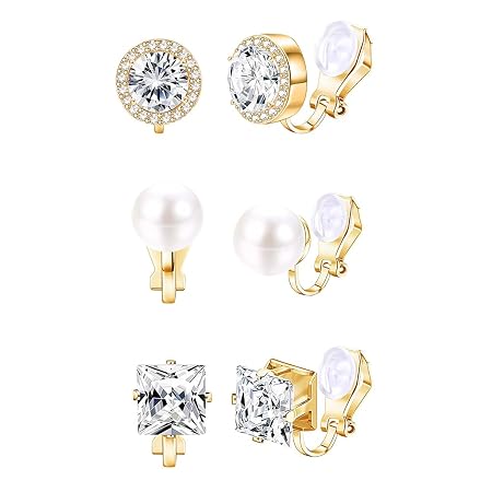 SANNIDHI® 3 Pairs Cubic Zirconia Clip on Earring Women Hypoallergenic Comfortable Non Pierced Stud Earrings for and Dance Competitions, Clip-on Earrings Silver Gold