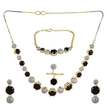 YouBella Jewellery Set for Women American Diamond Combo of Necklace Set with Earrings, Bracelet and Ring for Girls and Women (Black)