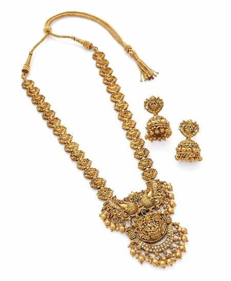 Diksha Collection South Indian Traditional Antique Matte Gold Finish Goddess Lakshmi & Peacock Motif Long Necklace Set with Jhumka Earrings for Women | Ethnic Temple Jewellery for Weddings, Brides & Festivals