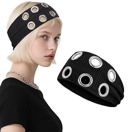 SANNIDHI® Hairband for Woman Black Hollow Out Eyelets Elastic Headbands Y2K Punk Grunge Fashion Wide Headpiece Grommet Eyelet Design Hair Band Stretchy Casual Hair Accessories for Woman