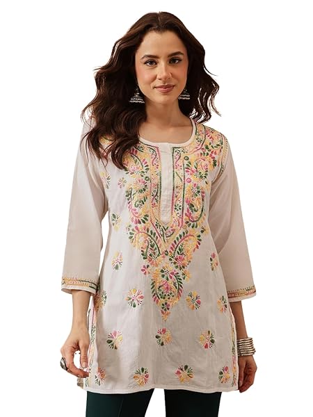 Ada Hand Embroidered Chikankari White Cotton Top for Women A351501 (S)