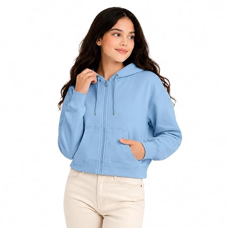 FUNKY MONKEY Soft Fleece Crop Zipper Hoodie for Girls Sweatshirt (in, Age, 9 Years, 10 Years, Regular, SkyBlue)
