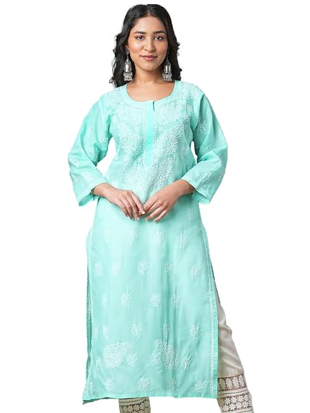 Ada Hand Embroidered Chikankari Green Cotton Kurta for Women A133643 (2XS)