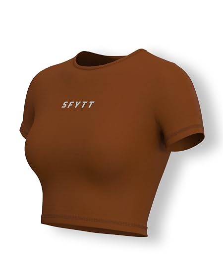 Sfytt Women Gym Crop Top Athletic Yoga Short Sleeve Fitness Tight Tee Outdoor Workout Cropped Tank Tops (Clay Brown-S)
