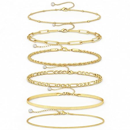 VAMA FASHIONS Gold Plated Bracelet Set Rope Figaro Paperclip Snake Herringbone & Beads Chain Hand Jewelry for Women – Set of 6
