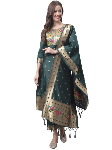 VredeVogel Women's Cotton Silk Jacquard Straight Kurta with Pant & Banarasi Silk Dupatta Set (Green_XX-Large)