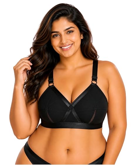 SONA Women's Perfecto Cotton Full Coverage Non-Padded Wirefree Everyday Bra - Anti Bacterial - Side Support Shaper (Pack of 1_Black_107B)
