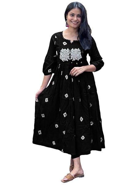 GoSriKi Women's Rayon Blend Anarkali Printed Kurta with Pant (ANVESHI Black-GS_M_Black_Medium)