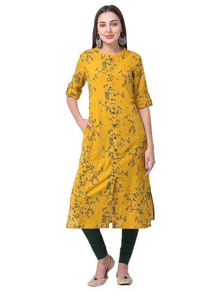 Pistaa's Women's Cotton Blend A-Line Kurta (Ku_Cageylw_42L_Yellow_Large, Regular Fit)