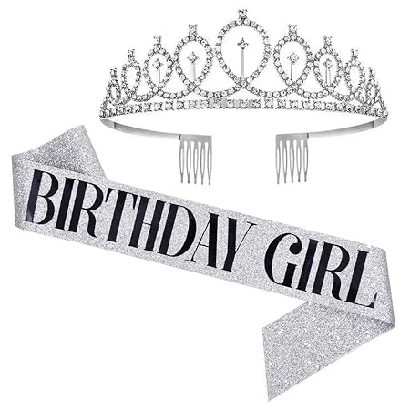 Shining Diva Fashion Latest Birthday Sash and Crown for Girls Decorations Items Birthday Gifts for Girls Women Kids Sister Best Friend 10, 15, 16, 12, 18, 20, 8 + years Teenager (Silver) (14858hb)