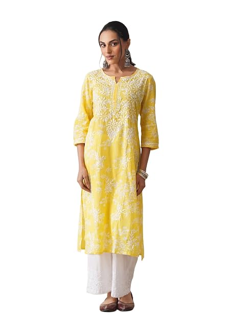 Zainab Mulmul Straight Kurta |Chikankari | Chikankari Kurta | Chikankari Short Kurti | Lucknowi Chikankari Kurti (WL158-XL) Yellow