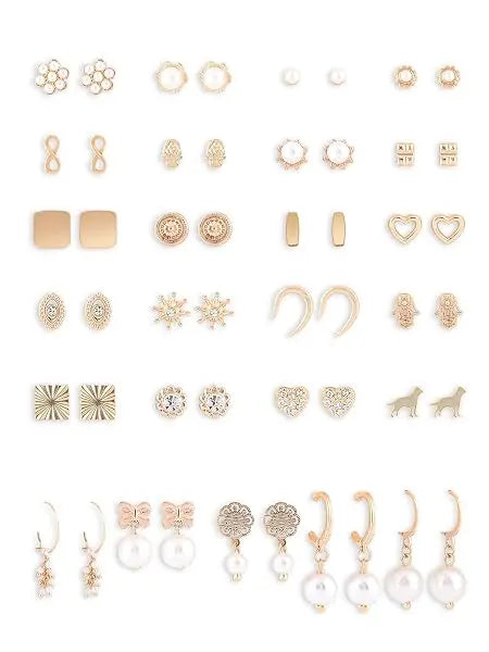 Set of 25 Gold Tone Contemporary Studs & Drop Earrings For Women-ZPFK15140 - Jados Fashion