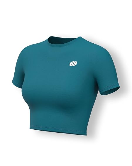 Sfytt Women Gym Crop Top Athletic Yoga Short Sleeve Fitness Tight Tee Outdoor Workout Cropped Tank Tops (Teal-S)