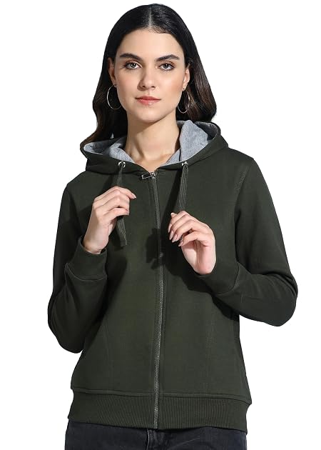 Alan Jones Clothing Women's Solid Zipper Hooded Sweatshirt | Front Zip, Ribbed Hem, Lined Hood, Casual Winter Wear (Olive_S)