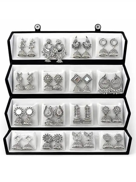 16 Pair Oxidised Silver Earring Jhuma Box Combo Set – Traditional Jhumka - Jados Fashion