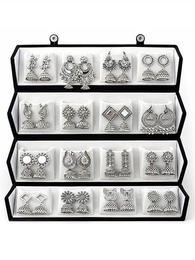 16 Pair Oxidised Silver Earring Jhuma Box Combo Set – Traditional Jhumka - Jados Fashion