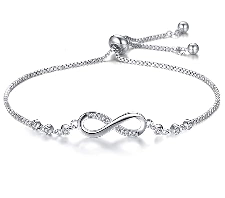 Nilu's Collection Infinity Shape Cubic Zirconia Diamond Bracelet for Women, Jewelry for Gift, Adjustable Charm Bracelet (Silver)