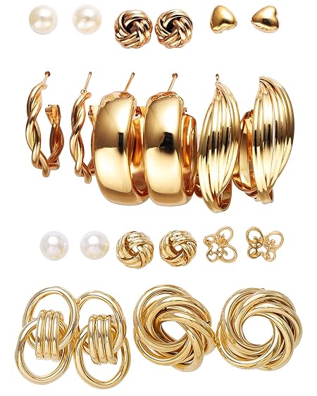 Shining Diva Fashion 11 Pairs Combo Set Latest Stylish Hoop Stud Earrings for Women and Girls (Gold) (14949er)