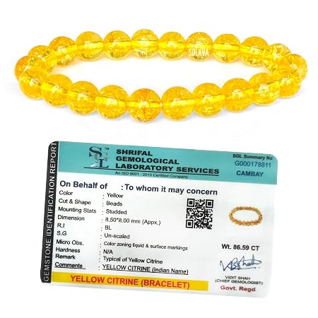 SOLAVA Original Yellow Citrine Bracelet with Lab Certificate for Men and Women - Natural Energised Bead Stone Crystal Bracelet for Money, Success, and Good Luck - 8MM Beads
