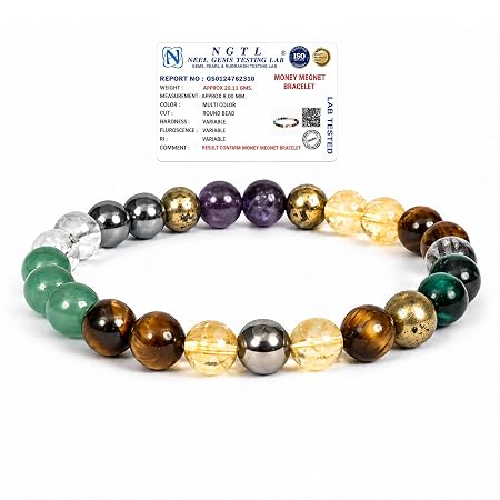 REBUY Money Magnet Bracelet Pyrite, Green Aventurine, Citrine, Hematite, Clear Quartz, Green Tiger Eye, Amethyst Crystal Healing Natural Gemstone Bracelet For Men & Women, Bead Size 8 Mm, Multi Color