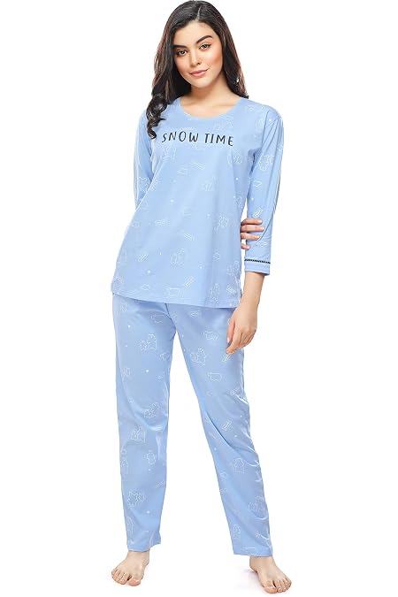 ZEYO Women's Cotton Star Printed Pink Stylish Pajama Set Night Suit Set Of Top & Pyjama 5618, Large