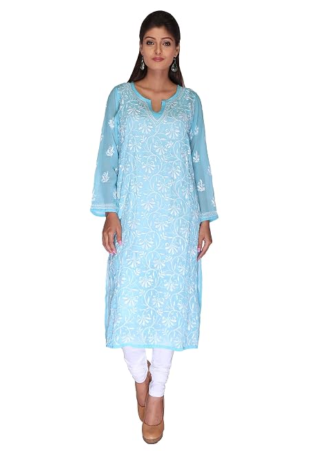 Ada Hand Embroidered Chikankari Blue Georgette Kurta for Women A90358 (L)