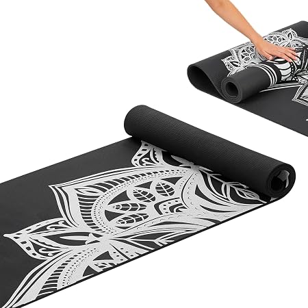 Amazon Basics Printed TPE Yoga Mat with Yoga Strap | 6 mm Thick | Non-Slip Grippy Surface | Lightweight & Flexible Rubber-Like Material | Floor Protection | Ideal for Yoga, Pilates, Stretching & Fitness | 183 x 61 cm | Black
